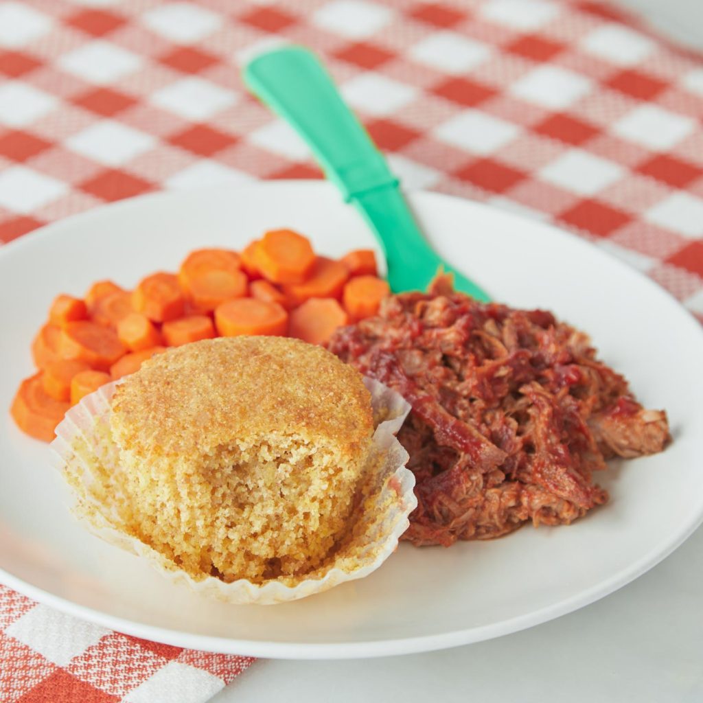 BBQ pulled pork with cornbread & carrots