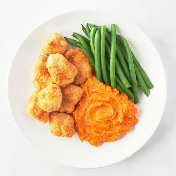 dinner ideas for kids | Chicken Bites with Mashed Sweet Potatoes & Green Beans | Nurture Life